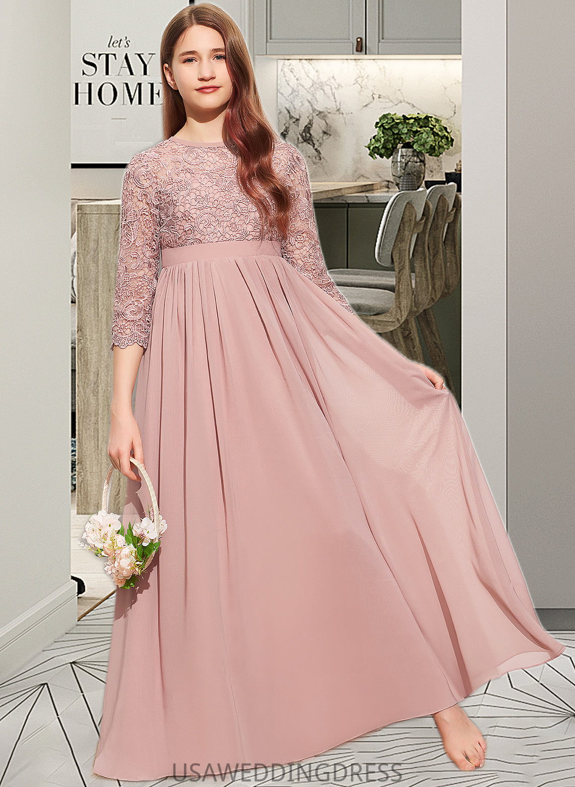 Nina A-Line Scoop Neck Floor-Length Chiffon Lace Junior Bridesmaid Dress DSP0013657