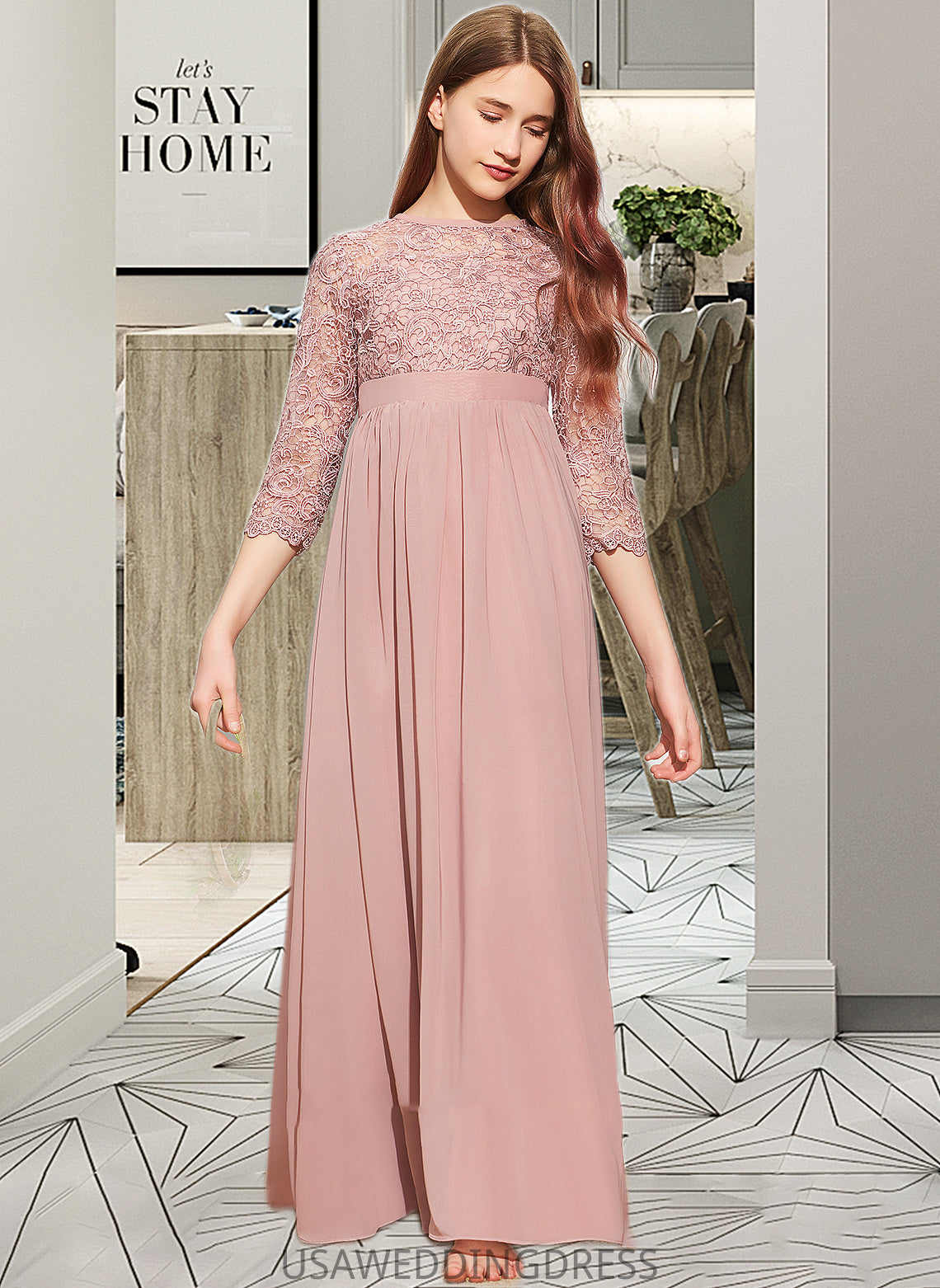 Nina A-Line Scoop Neck Floor-Length Chiffon Lace Junior Bridesmaid Dress DSP0013657