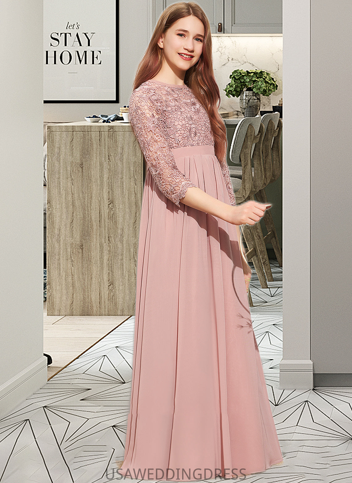 Nina A-Line Scoop Neck Floor-Length Chiffon Lace Junior Bridesmaid Dress DSP0013657