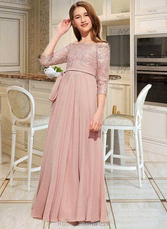 Yasmin A-Line Off-the-Shoulder Floor-Length Chiffon Lace Junior Bridesmaid Dress With Bow(s) SRSP0013658