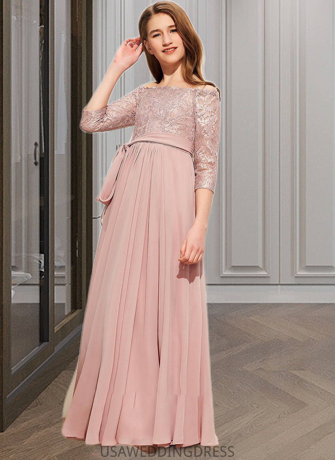 Elsie A-Line Off-the-Shoulder Floor-Length Chiffon Lace Junior Bridesmaid Dress With Bow(s) DSP0013658