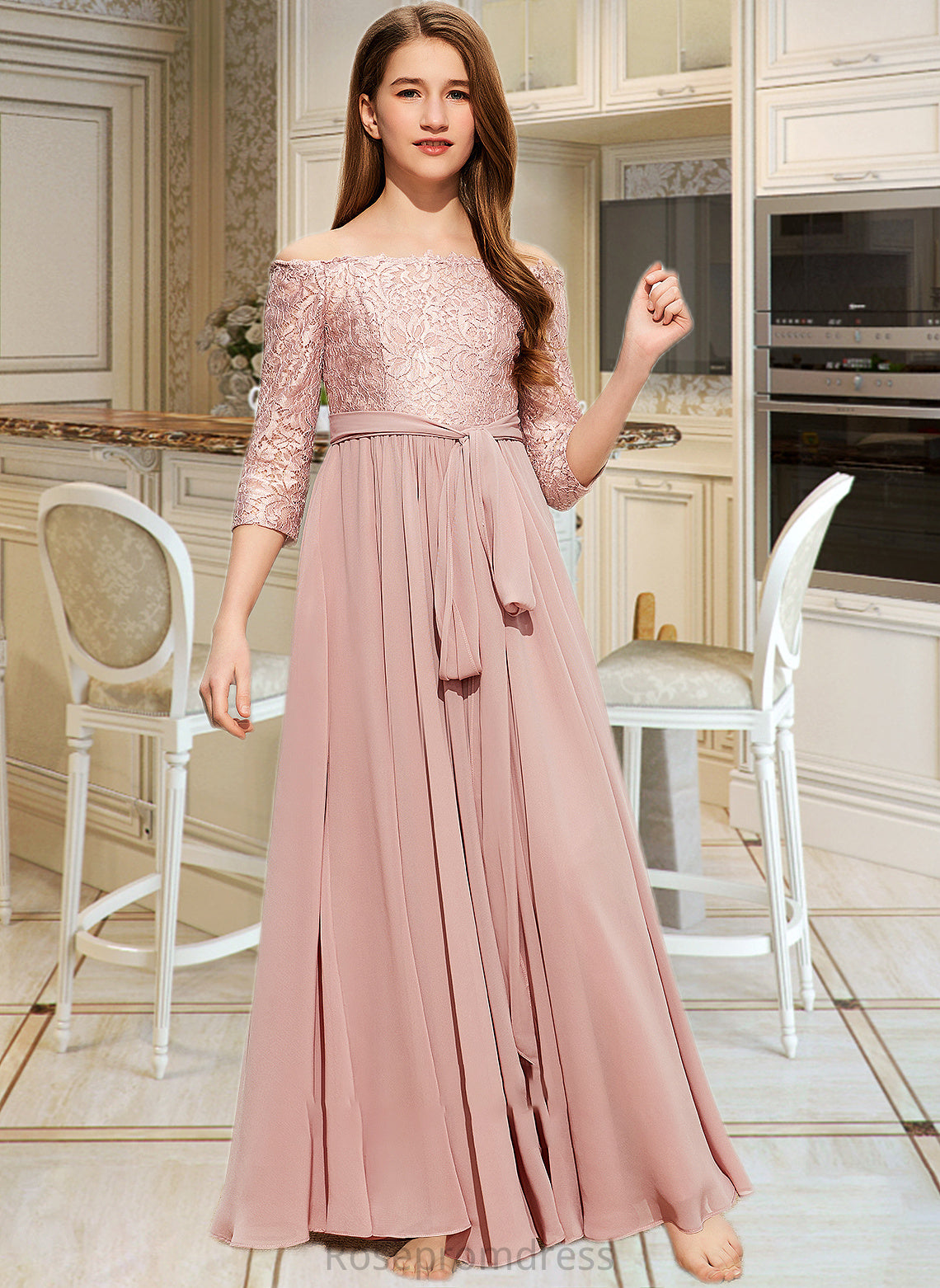 Yasmin A-Line Off-the-Shoulder Floor-Length Chiffon Lace Junior Bridesmaid Dress With Bow(s) SRSP0013658