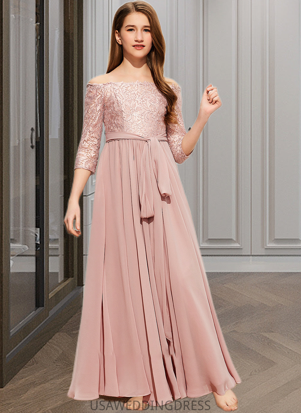 Elsie A-Line Off-the-Shoulder Floor-Length Chiffon Lace Junior Bridesmaid Dress With Bow(s) DSP0013658