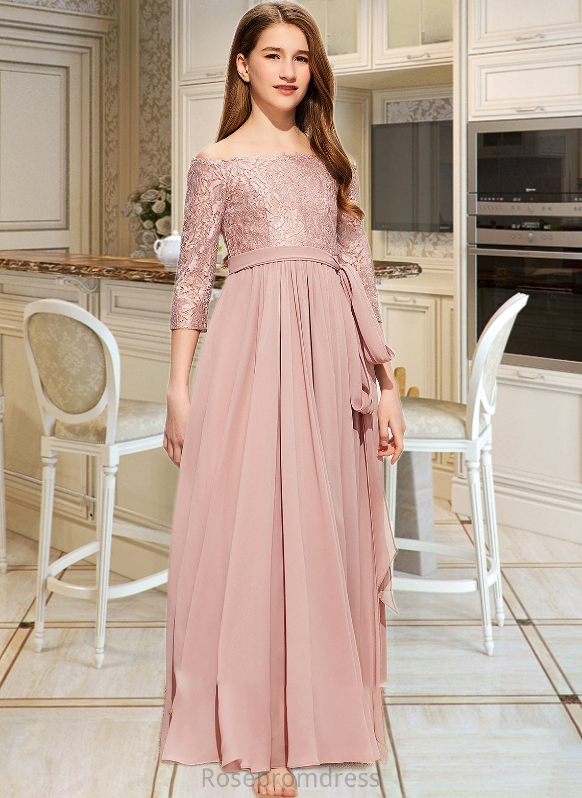 Yasmin A-Line Off-the-Shoulder Floor-Length Chiffon Lace Junior Bridesmaid Dress With Bow(s) SRSP0013658