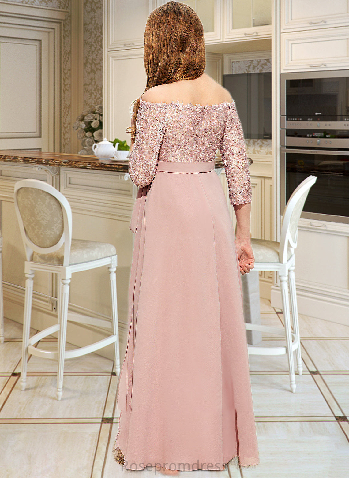 Yasmin A-Line Off-the-Shoulder Floor-Length Chiffon Lace Junior Bridesmaid Dress With Bow(s) SRSP0013658