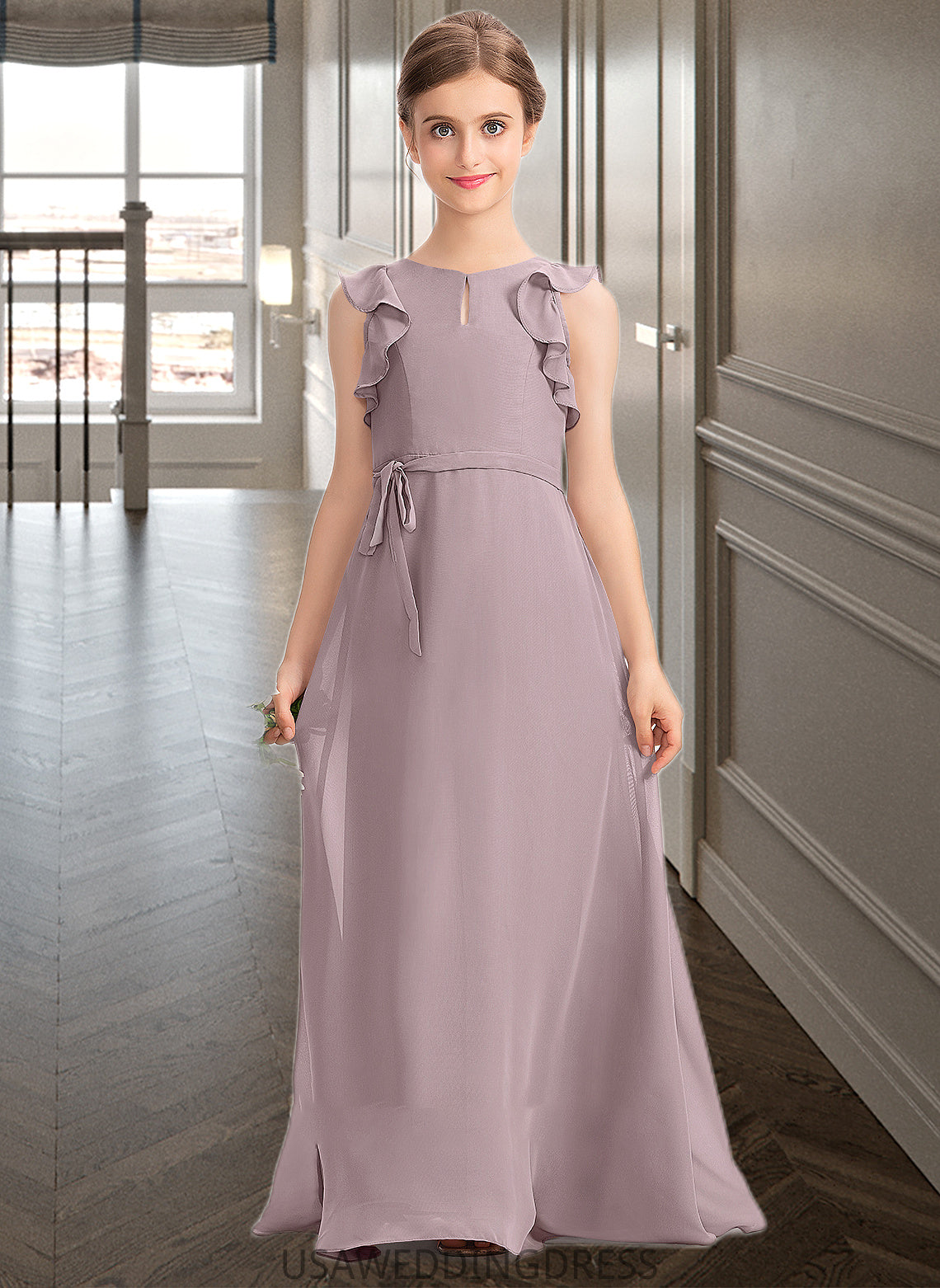 Precious A-Line Scoop Neck Floor-Length Chiffon Junior Bridesmaid Dress With Bow(s) Cascading Ruffles DSP0013659