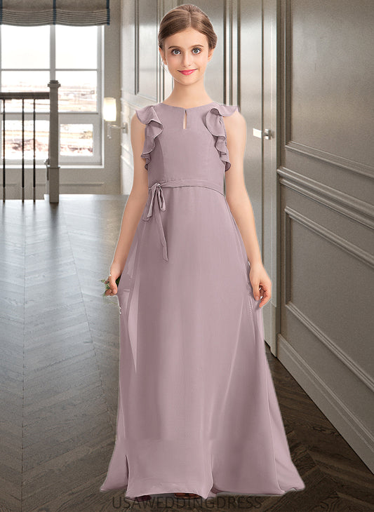 Precious A-Line Scoop Neck Floor-Length Chiffon Junior Bridesmaid Dress With Bow(s) Cascading Ruffles DSP0013659