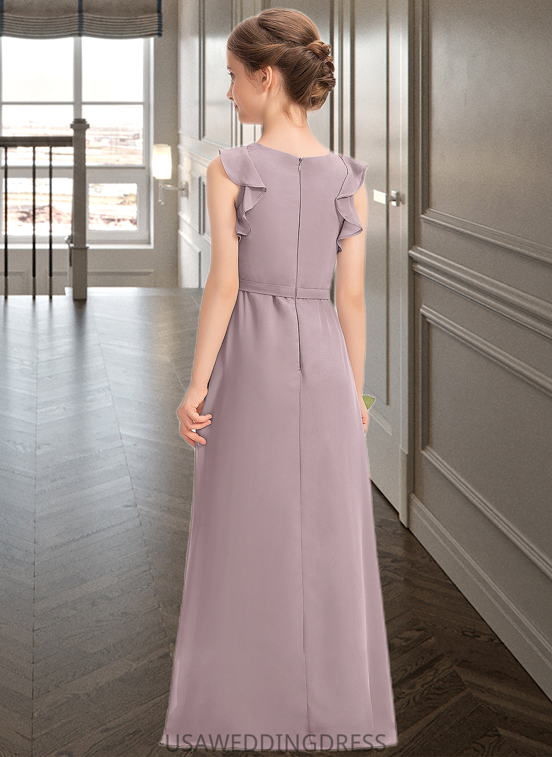 Precious A-Line Scoop Neck Floor-Length Chiffon Junior Bridesmaid Dress With Bow(s) Cascading Ruffles DSP0013659