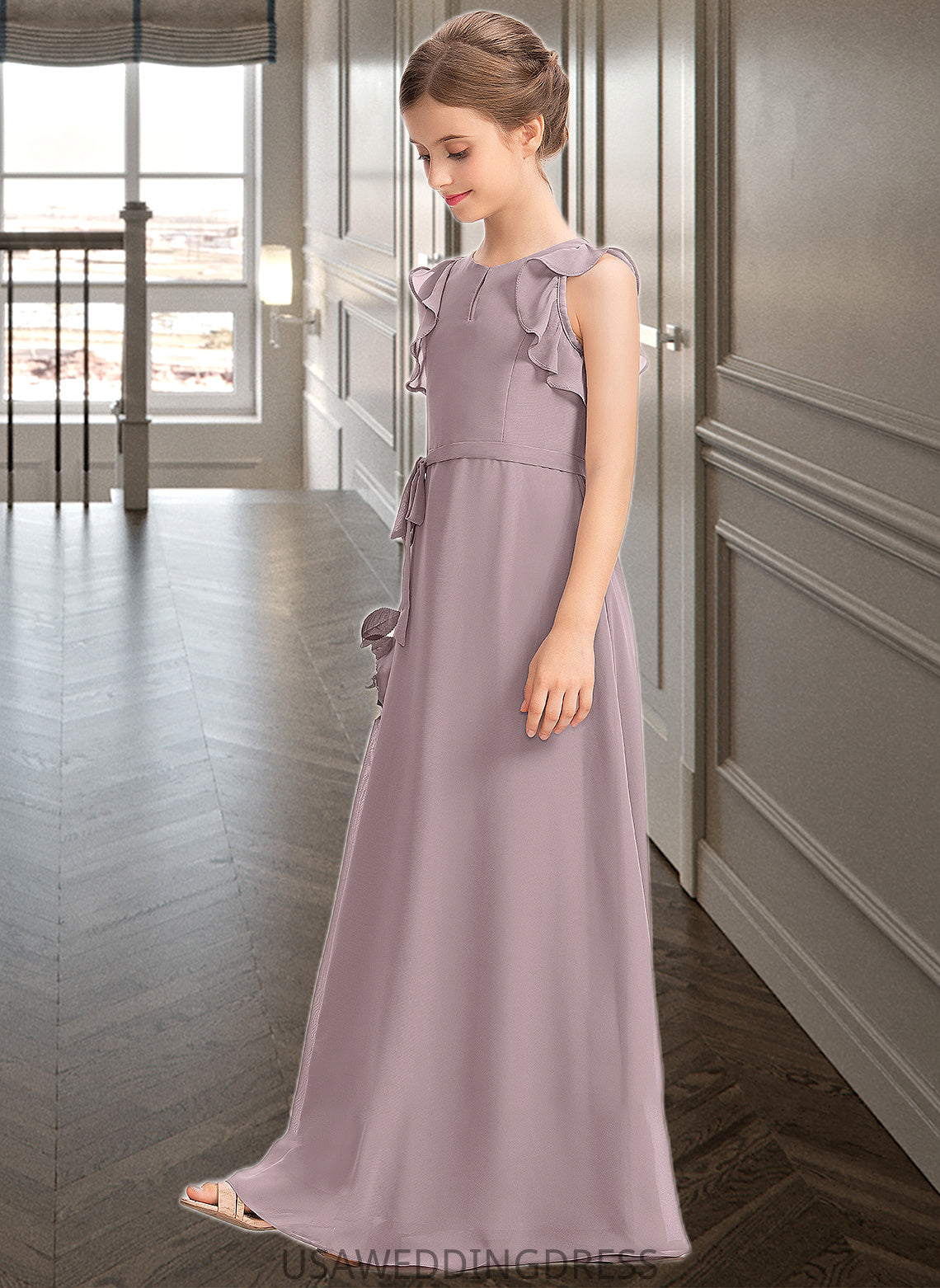 Precious A-Line Scoop Neck Floor-Length Chiffon Junior Bridesmaid Dress With Bow(s) Cascading Ruffles DSP0013659