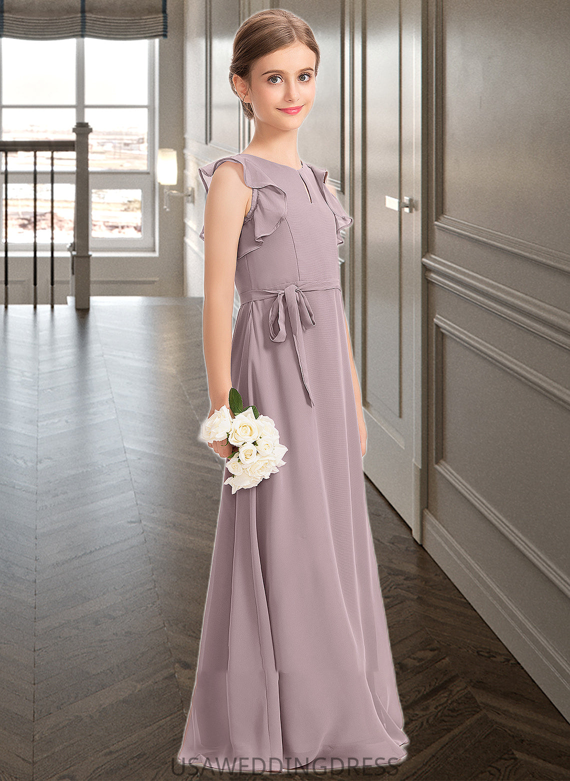 Precious A-Line Scoop Neck Floor-Length Chiffon Junior Bridesmaid Dress With Bow(s) Cascading Ruffles DSP0013659