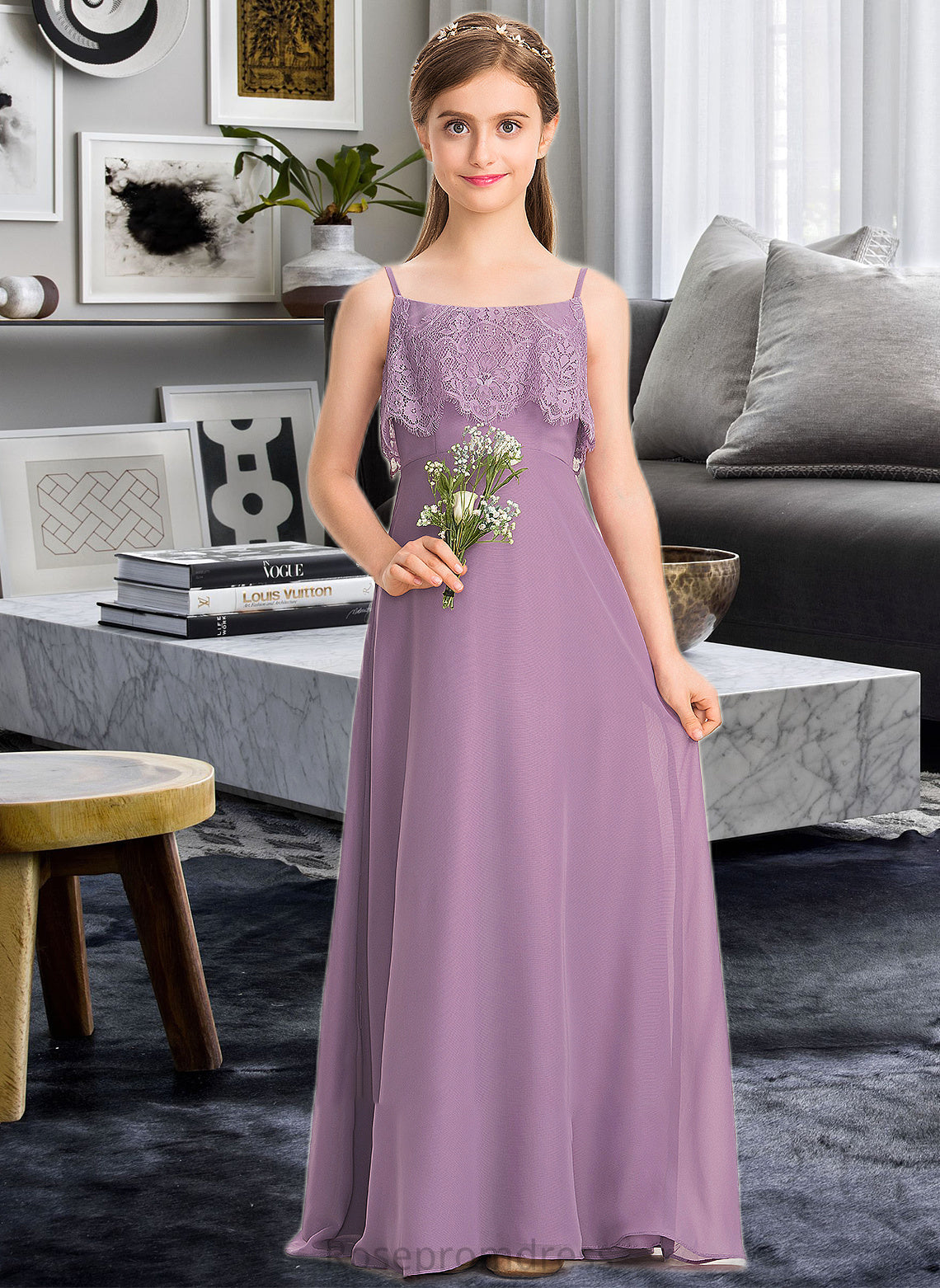 Elsa A-Line Square Neckline Floor-Length Chiffon Lace Junior Bridesmaid Dress SRSP0013660