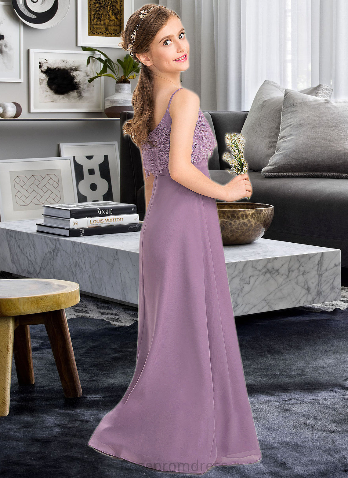 Elsa A-Line Square Neckline Floor-Length Chiffon Lace Junior Bridesmaid Dress SRSP0013660