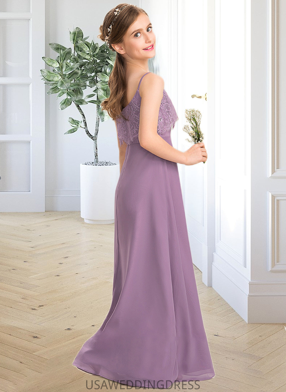 Aniya A-Line Square Neckline Floor-Length Chiffon Lace Junior Bridesmaid Dress DSP0013660