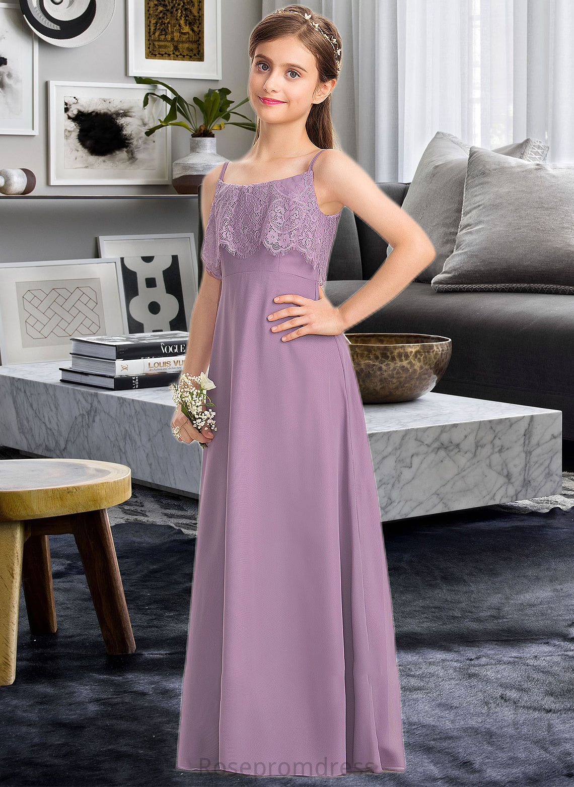 Elsa A-Line Square Neckline Floor-Length Chiffon Lace Junior Bridesmaid Dress SRSP0013660