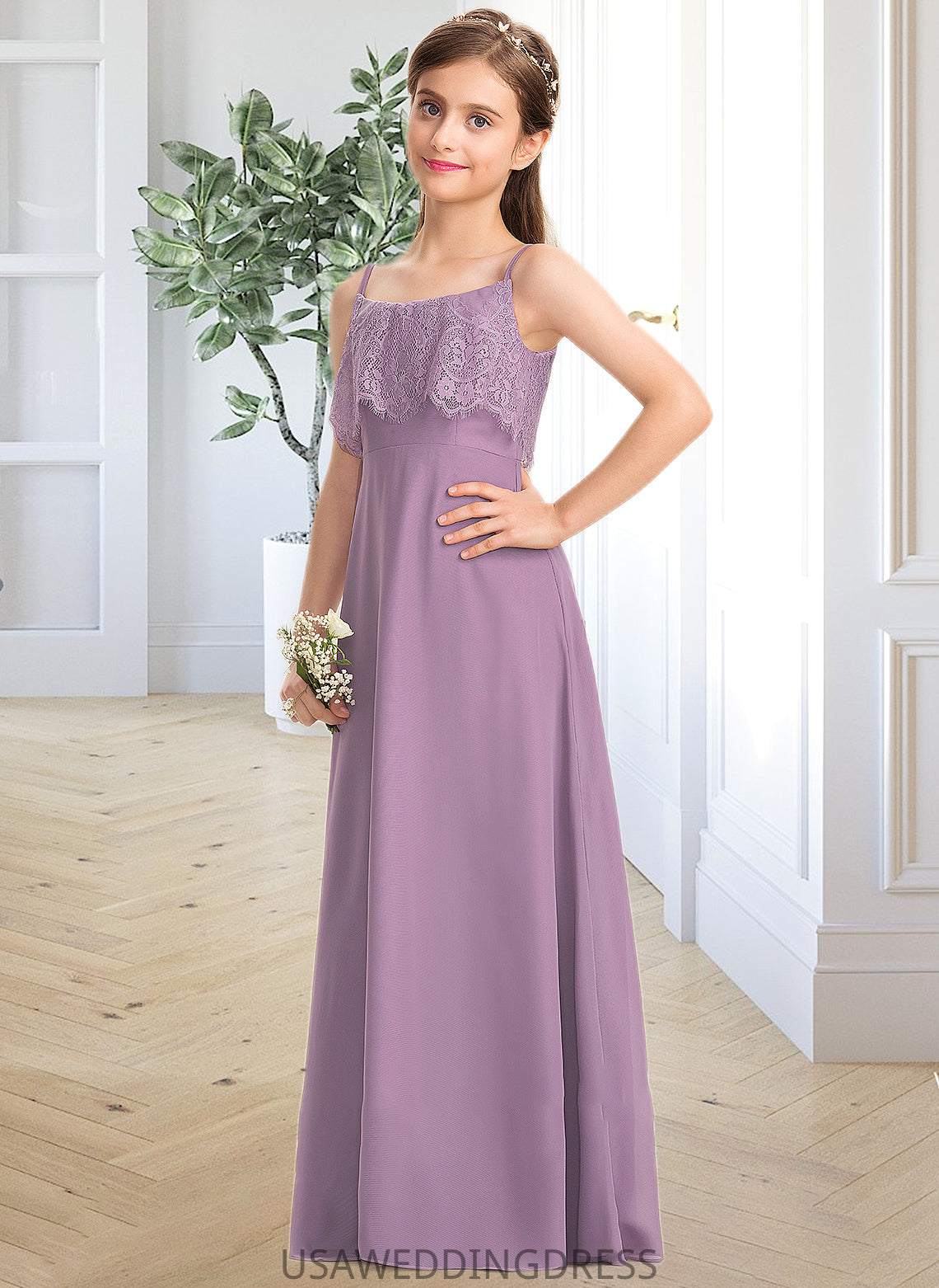 Aniya A-Line Square Neckline Floor-Length Chiffon Lace Junior Bridesmaid Dress DSP0013660