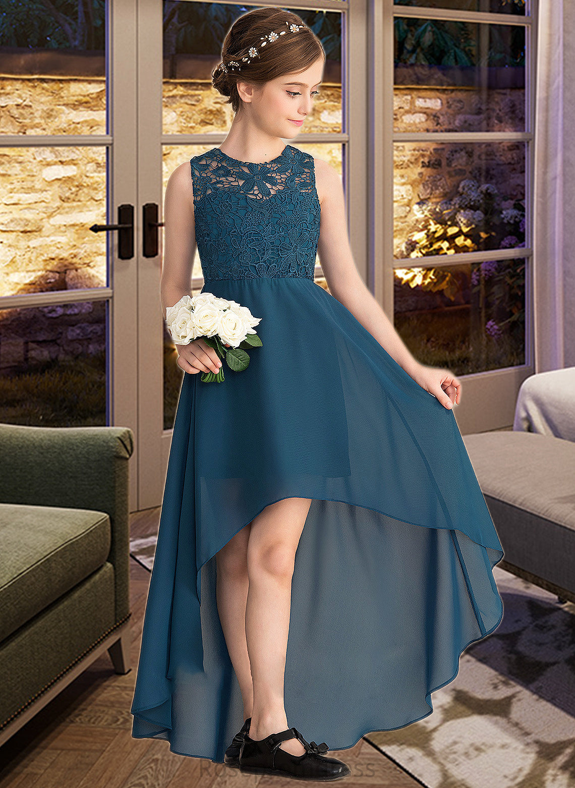 Leah A-Line Scoop Neck Asymmetrical Chiffon Lace Junior Bridesmaid Dress SRSP0013661