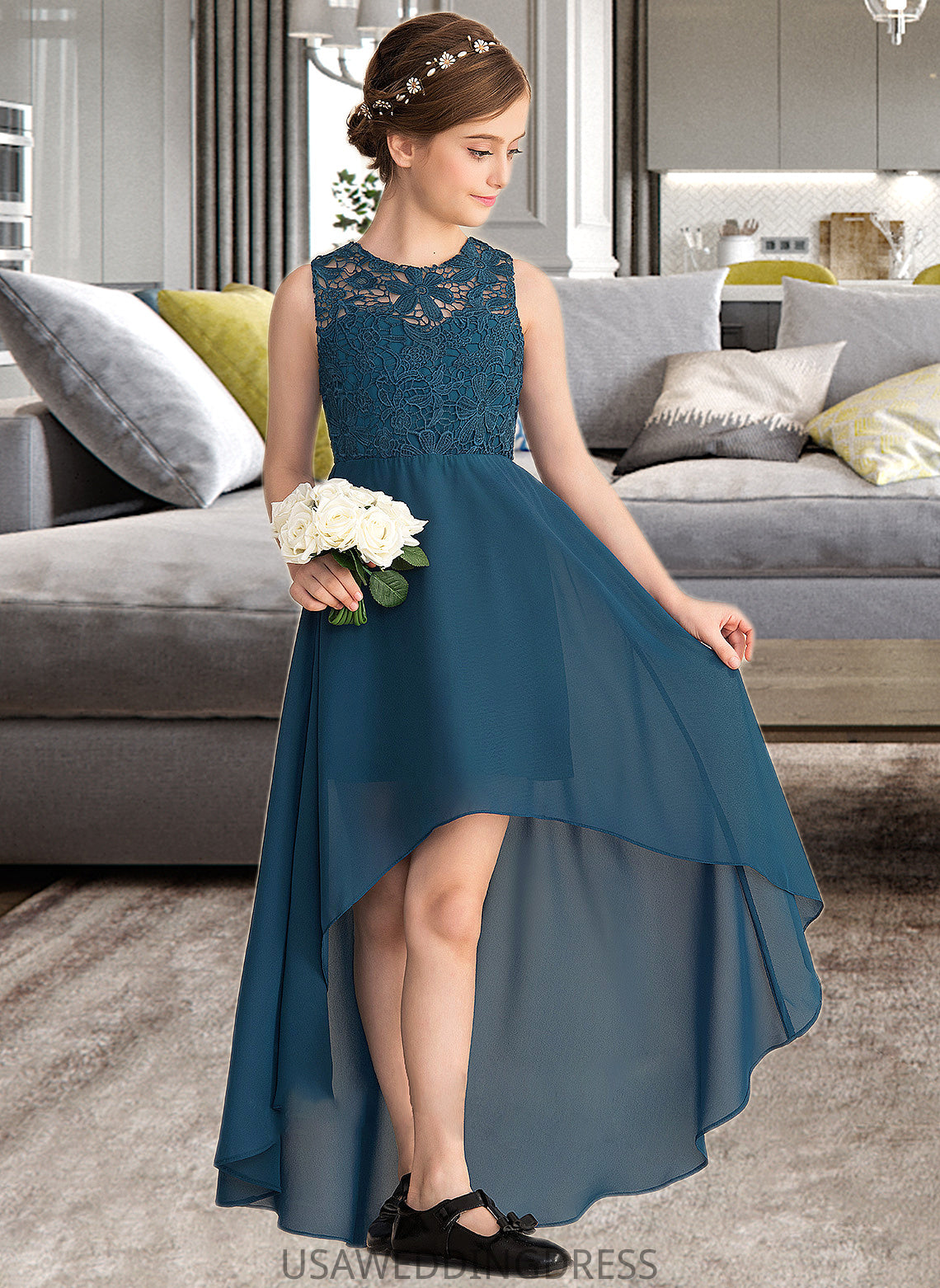 Mara A-Line Scoop Neck Asymmetrical Chiffon Lace Junior Bridesmaid Dress DSP0013661