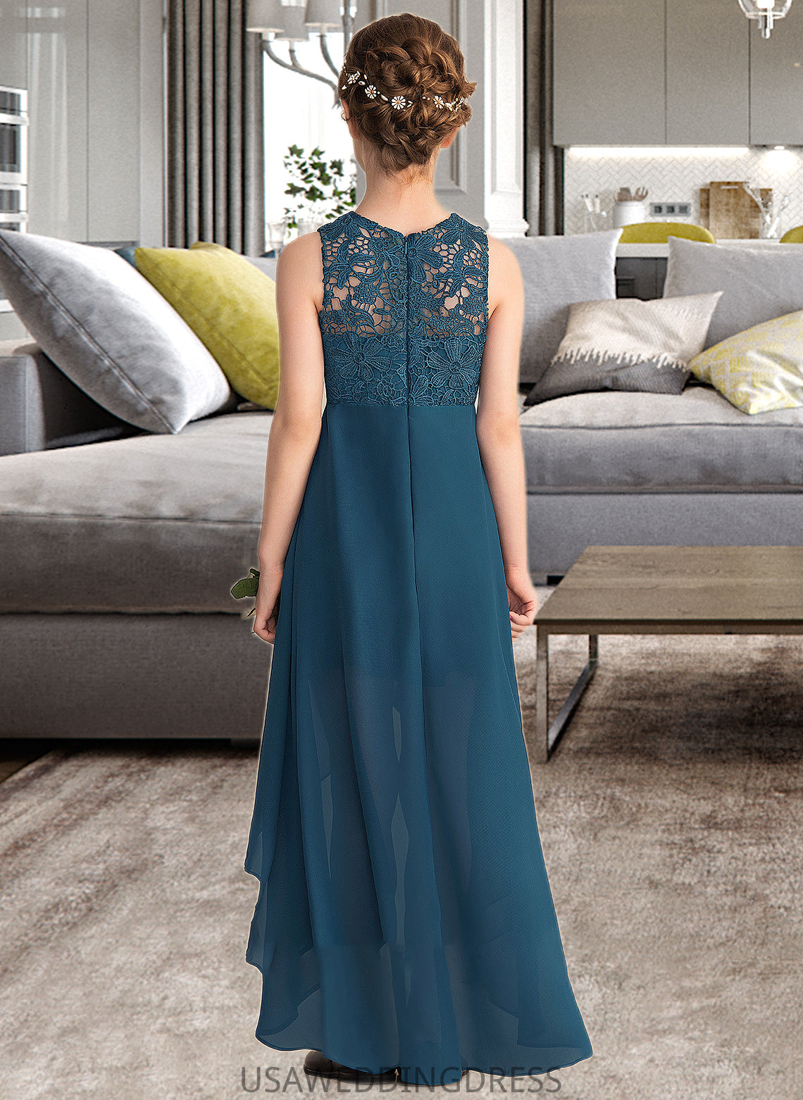 Mara A-Line Scoop Neck Asymmetrical Chiffon Lace Junior Bridesmaid Dress DSP0013661