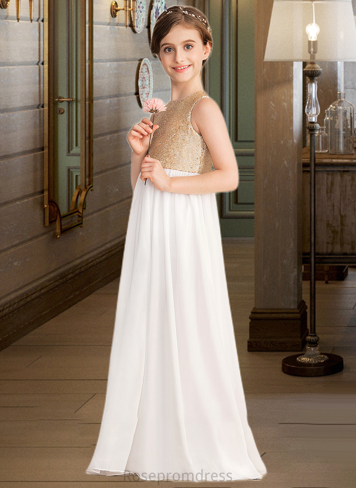 Rose A-Line Scoop Neck Floor-Length Chiffon Sequined Junior Bridesmaid Dress SRSP0013662