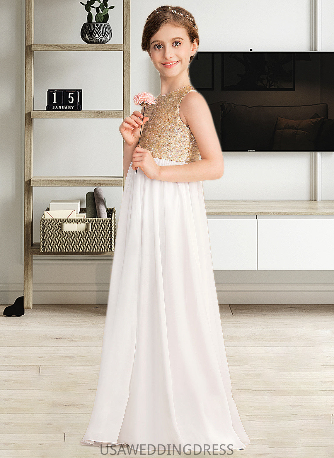 Greta A-Line Scoop Neck Floor-Length Chiffon Sequined Junior Bridesmaid Dress DSP0013662