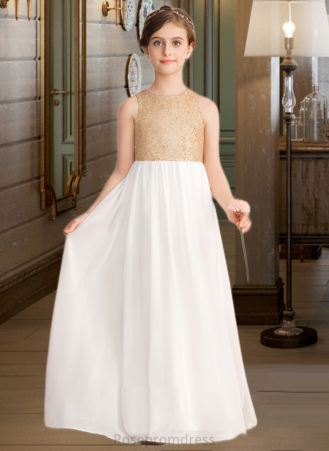 Rose A-Line Scoop Neck Floor-Length Chiffon Sequined Junior Bridesmaid Dress SRSP0013662