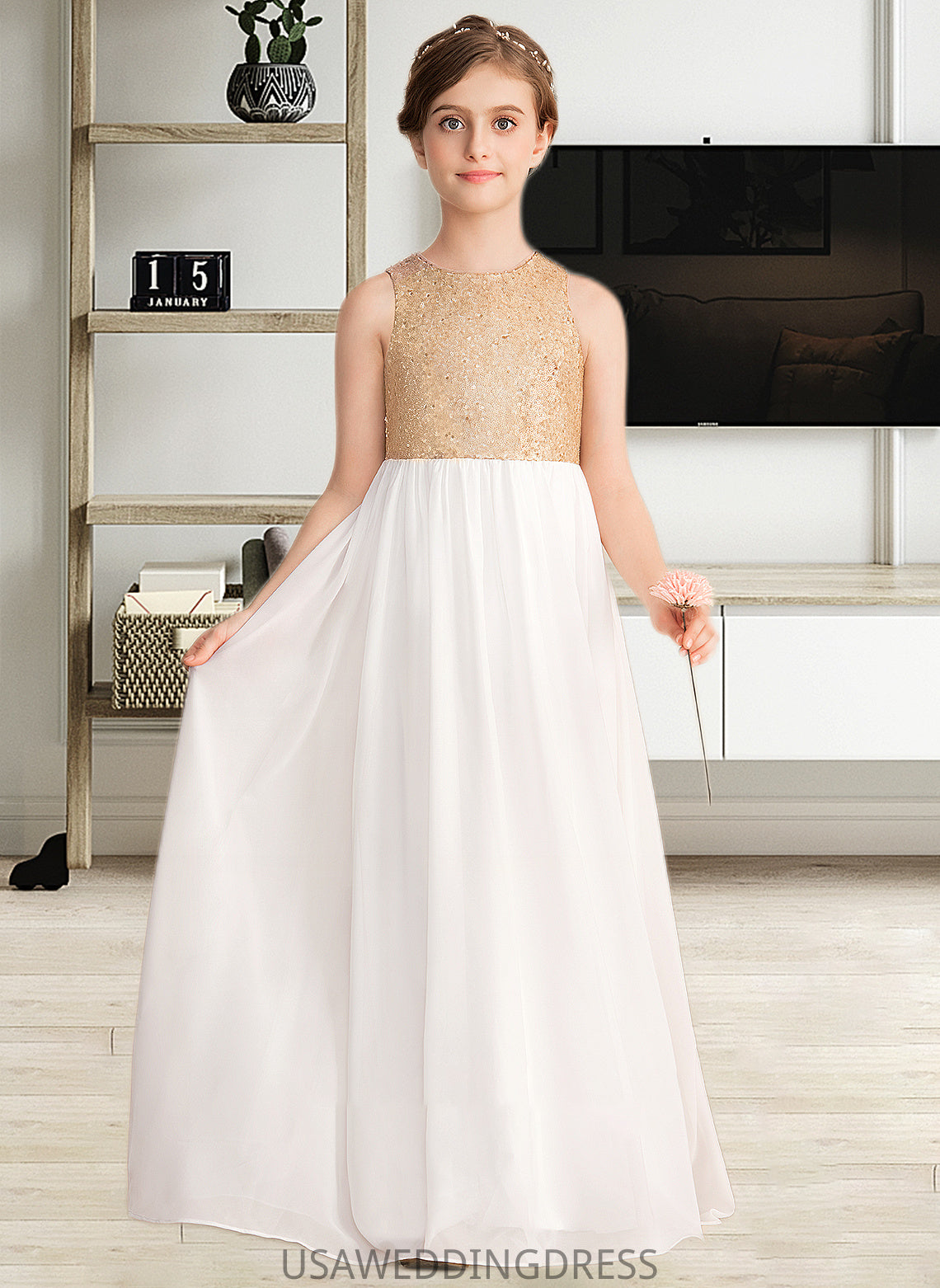 Greta A-Line Scoop Neck Floor-Length Chiffon Sequined Junior Bridesmaid Dress DSP0013662