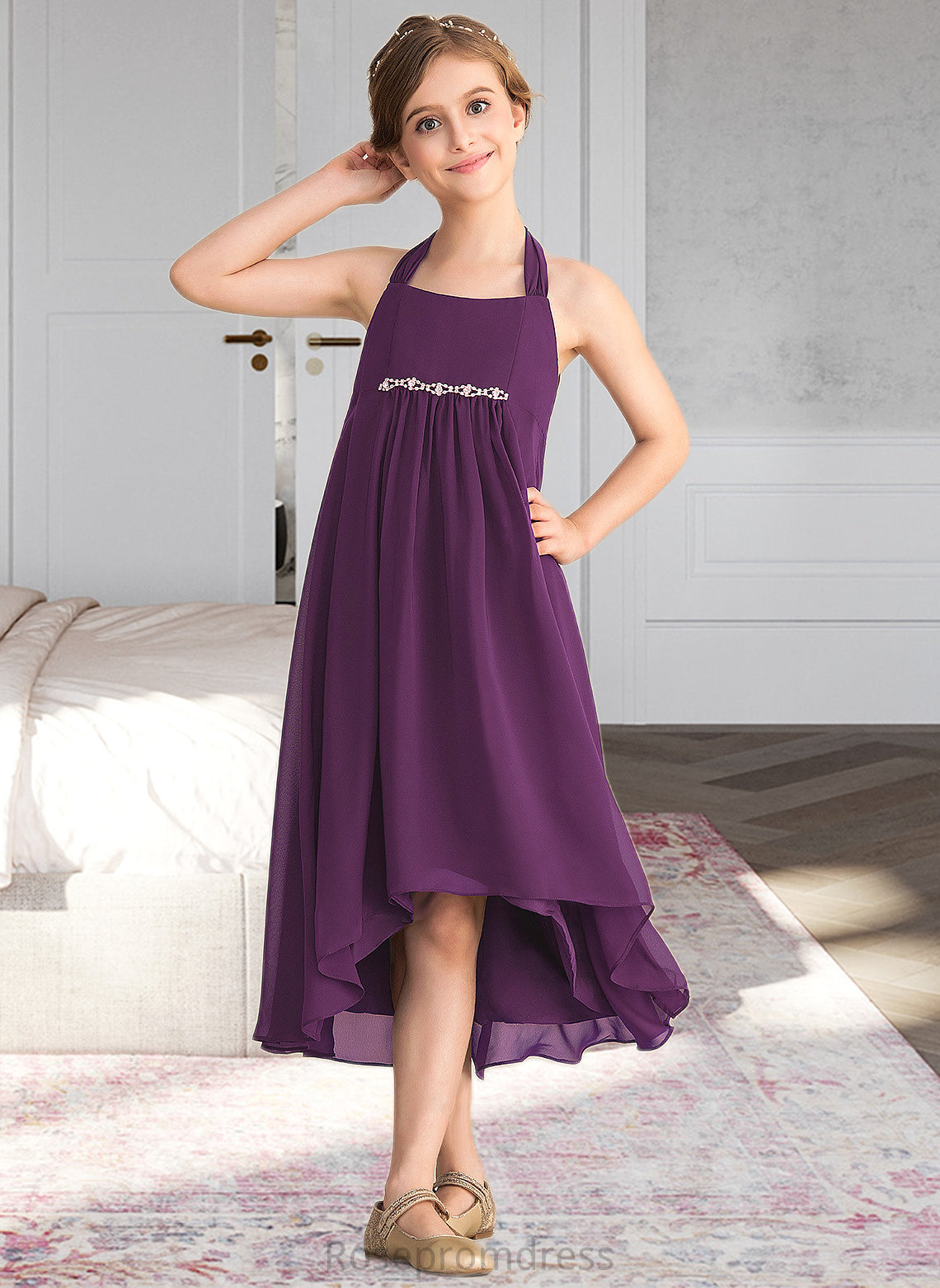 Amaris Empire Halter Asymmetrical Chiffon Junior Bridesmaid Dress With Beading Bow(s) SRSP0013663