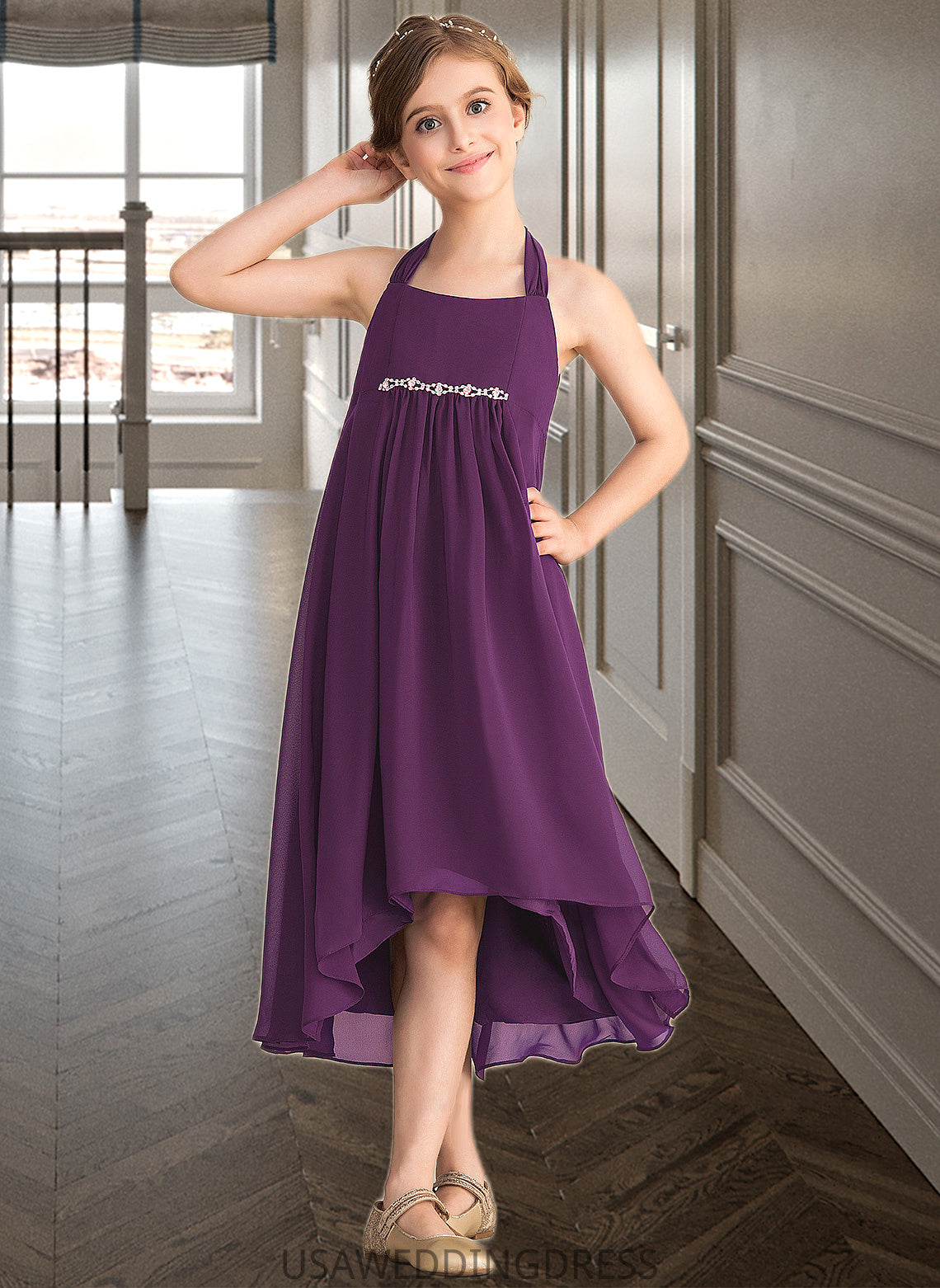 Victoria Empire Halter Asymmetrical Chiffon Junior Bridesmaid Dress With Beading Bow(s) DSP0013663