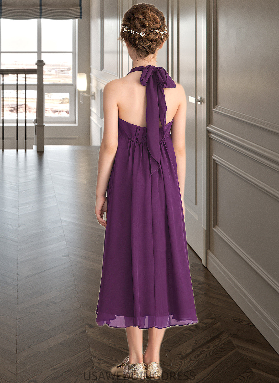 Victoria Empire Halter Asymmetrical Chiffon Junior Bridesmaid Dress With Beading Bow(s) DSP0013663