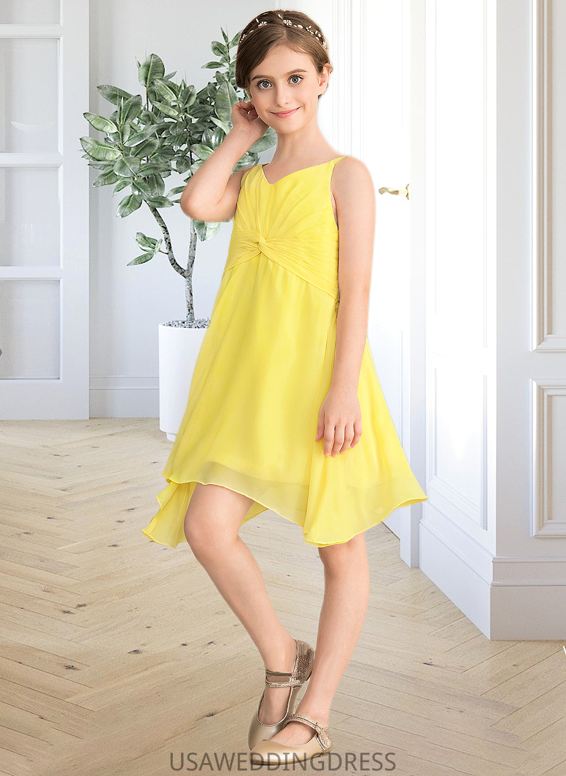 Aurora A-Line V-neck Knee-Length Chiffon Junior Bridesmaid Dress With Ruffle DSP0013664