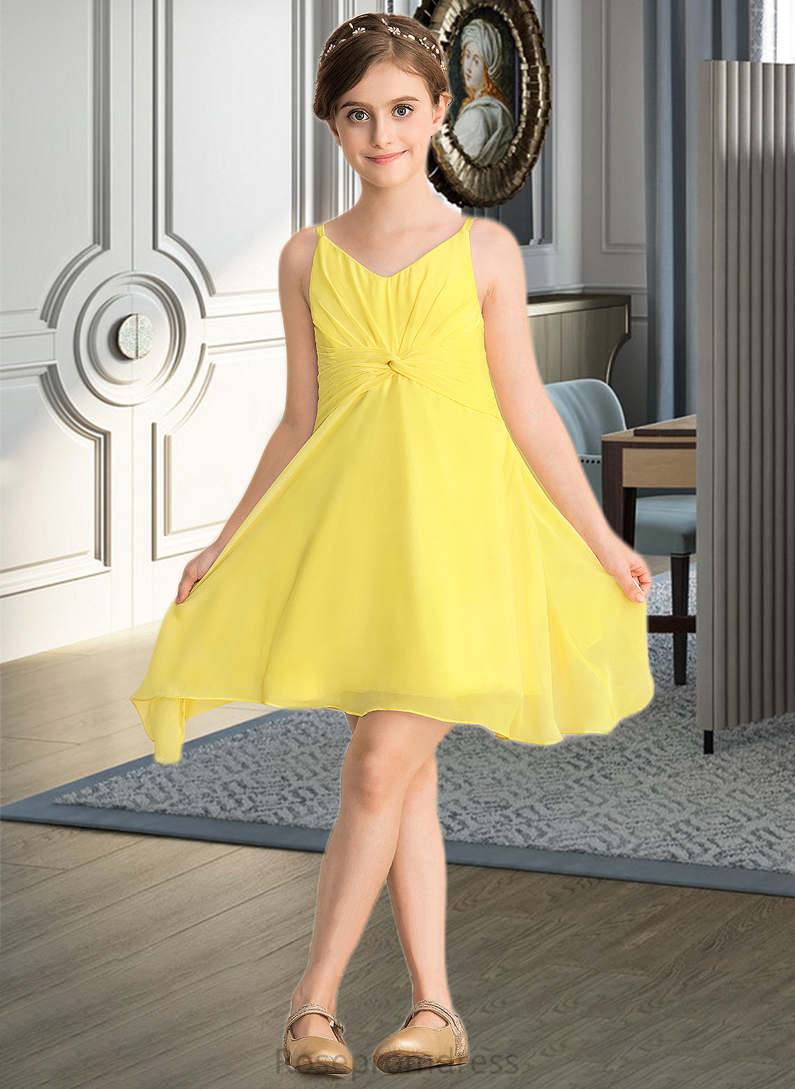 Miley A-Line V-neck Knee-Length Chiffon Junior Bridesmaid Dress With Ruffle SRSP0013664