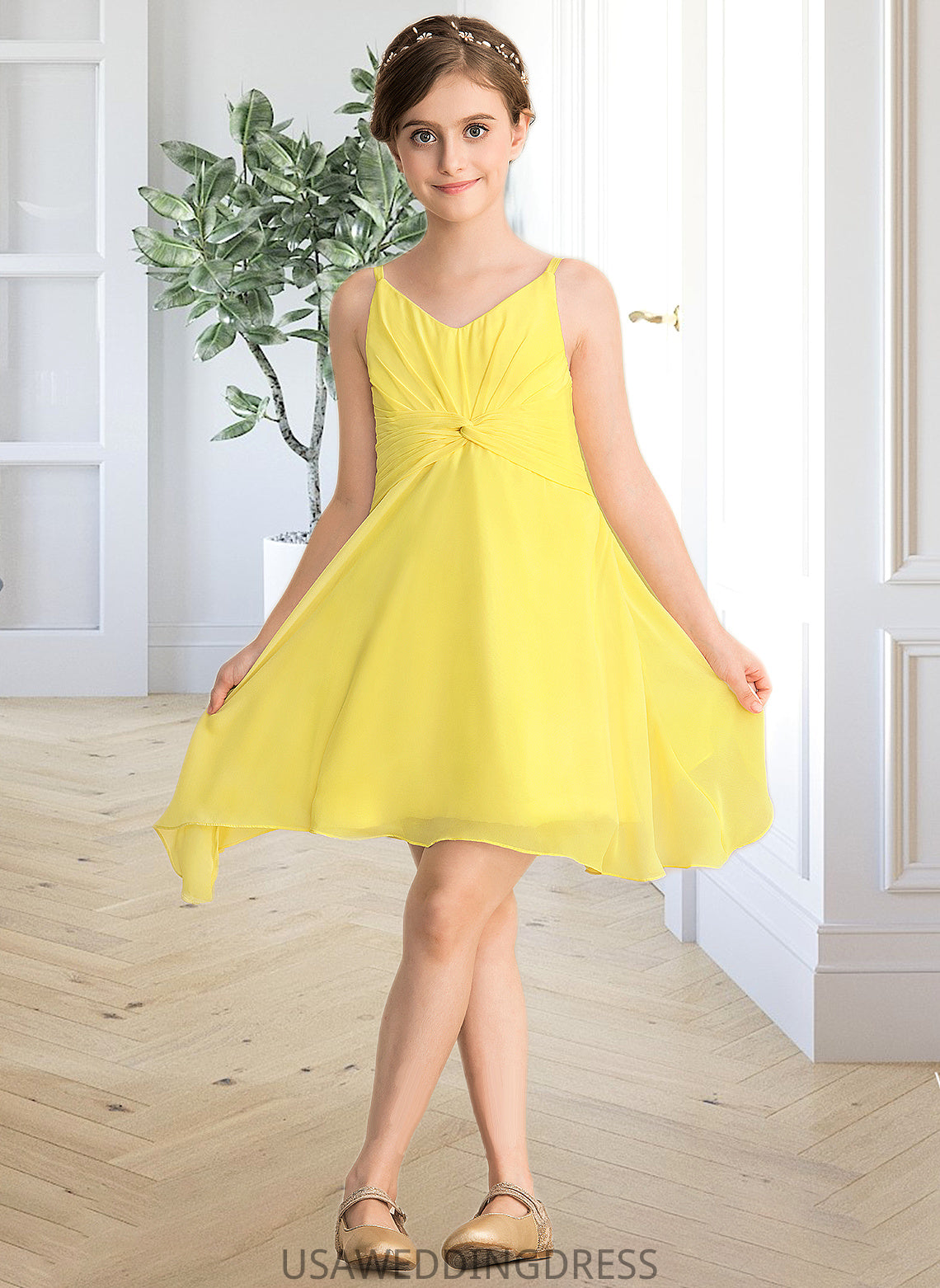 Aurora A-Line V-neck Knee-Length Chiffon Junior Bridesmaid Dress With Ruffle DSP0013664