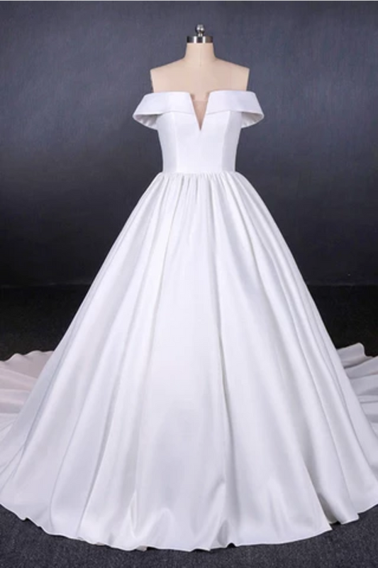 Puffy Off The Shoulder Satin Wedding Dress, Ball Gown Long Bridal Dress With Long Train