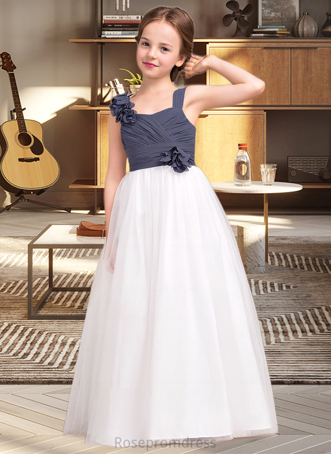 Joan A-Line Sweetheart Floor-Length Chiffon Tulle Junior Bridesmaid Dress With Ruffle Flower(s) SRSP0013665