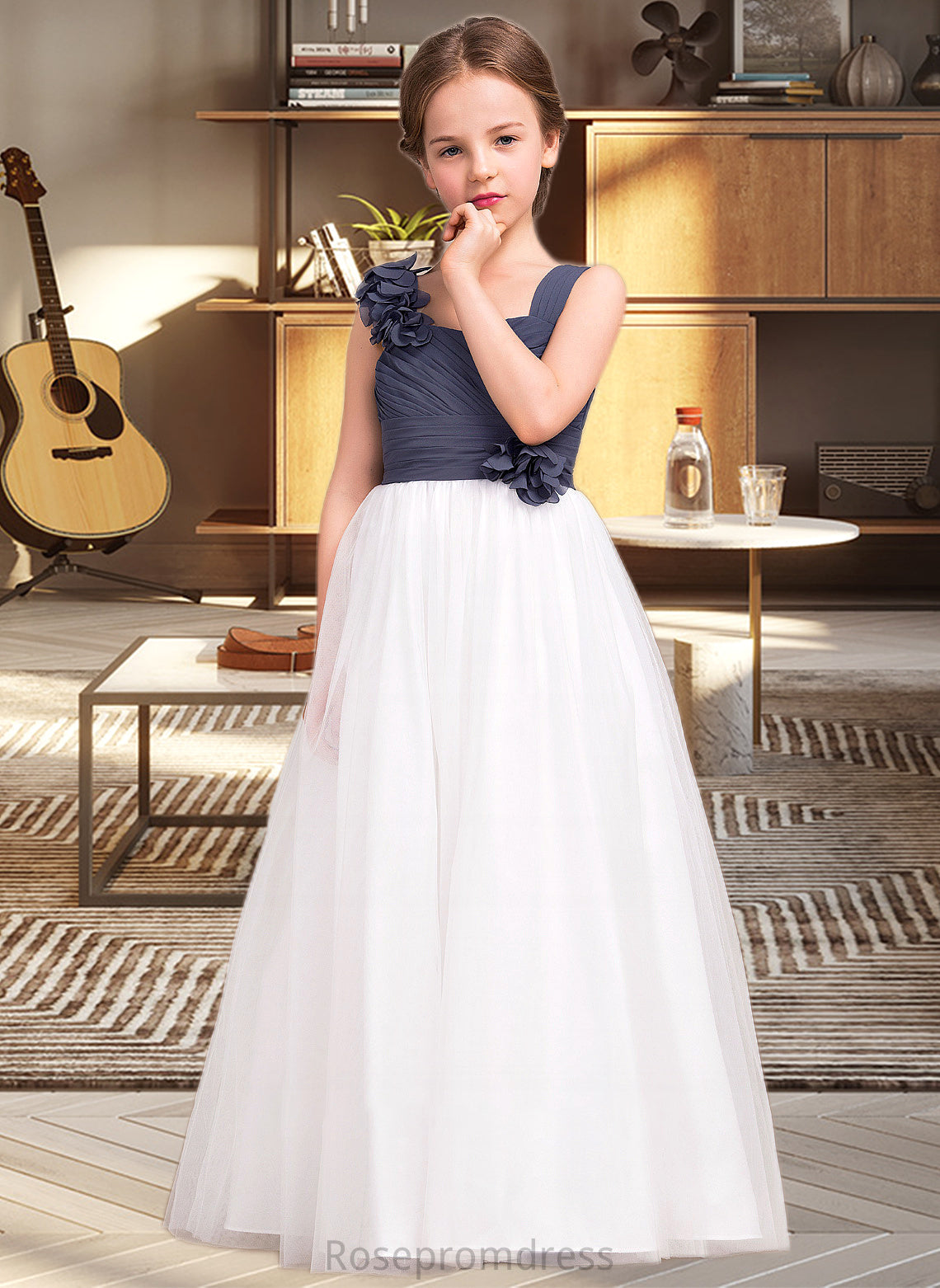 Joan A-Line Sweetheart Floor-Length Chiffon Tulle Junior Bridesmaid Dress With Ruffle Flower(s) SRSP0013665