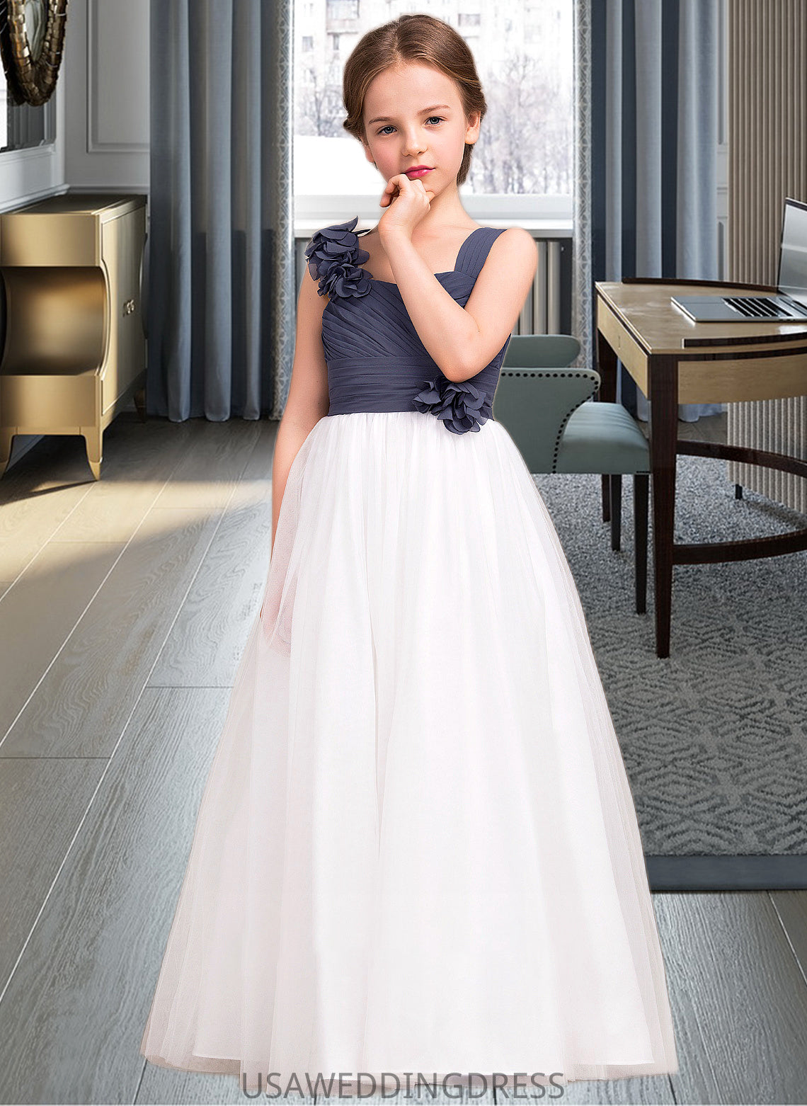 Deja A-Line Sweetheart Floor-Length Chiffon Tulle Junior Bridesmaid Dress With Ruffle Flower(s) DSP0013665