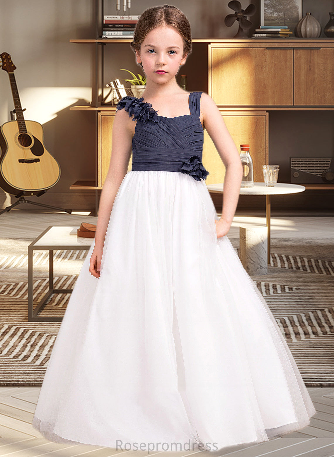 Joan A-Line Sweetheart Floor-Length Chiffon Tulle Junior Bridesmaid Dress With Ruffle Flower(s) SRSP0013665