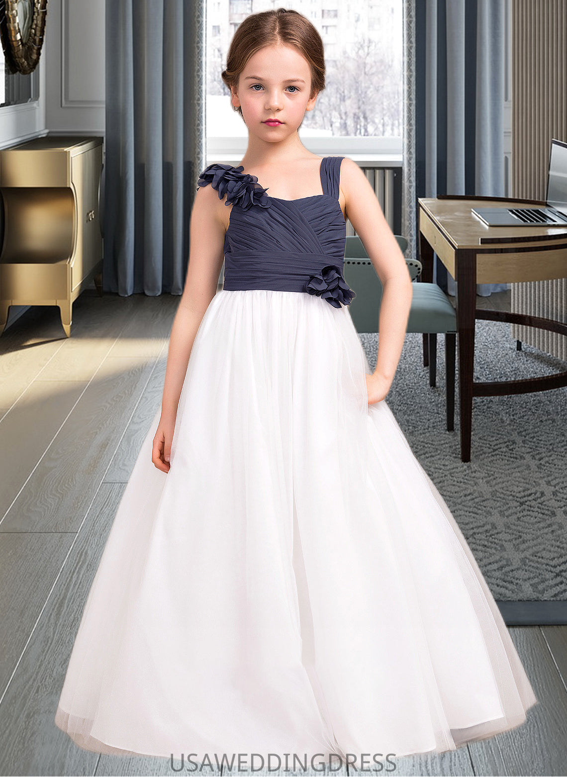 Deja A-Line Sweetheart Floor-Length Chiffon Tulle Junior Bridesmaid Dress With Ruffle Flower(s) DSP0013665