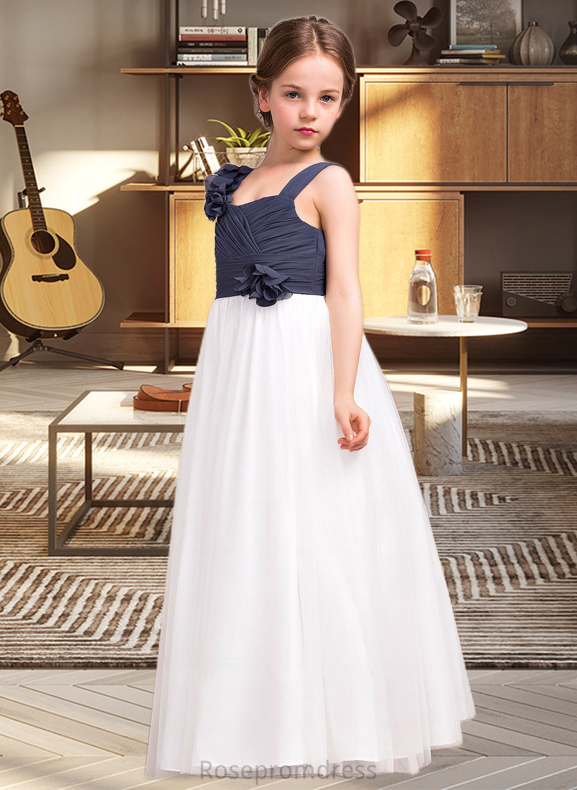 Joan A-Line Sweetheart Floor-Length Chiffon Tulle Junior Bridesmaid Dress With Ruffle Flower(s) SRSP0013665