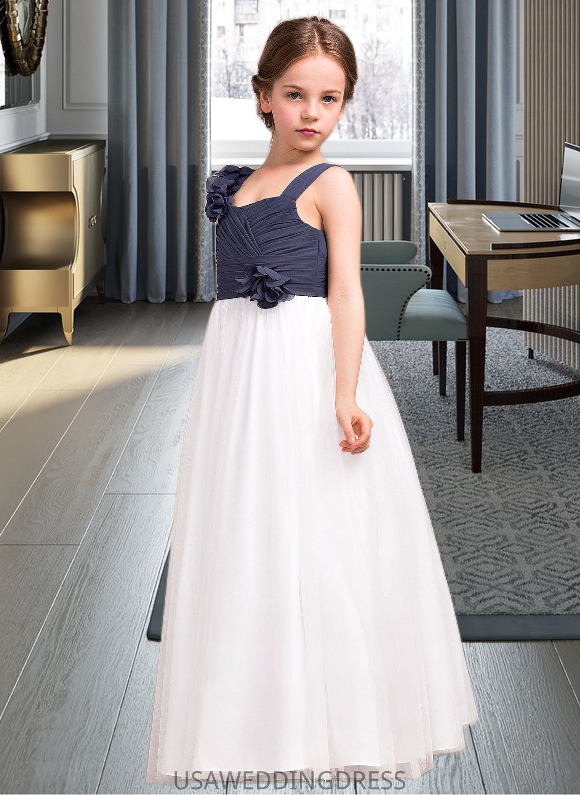 Deja A-Line Sweetheart Floor-Length Chiffon Tulle Junior Bridesmaid Dress With Ruffle Flower(s) DSP0013665