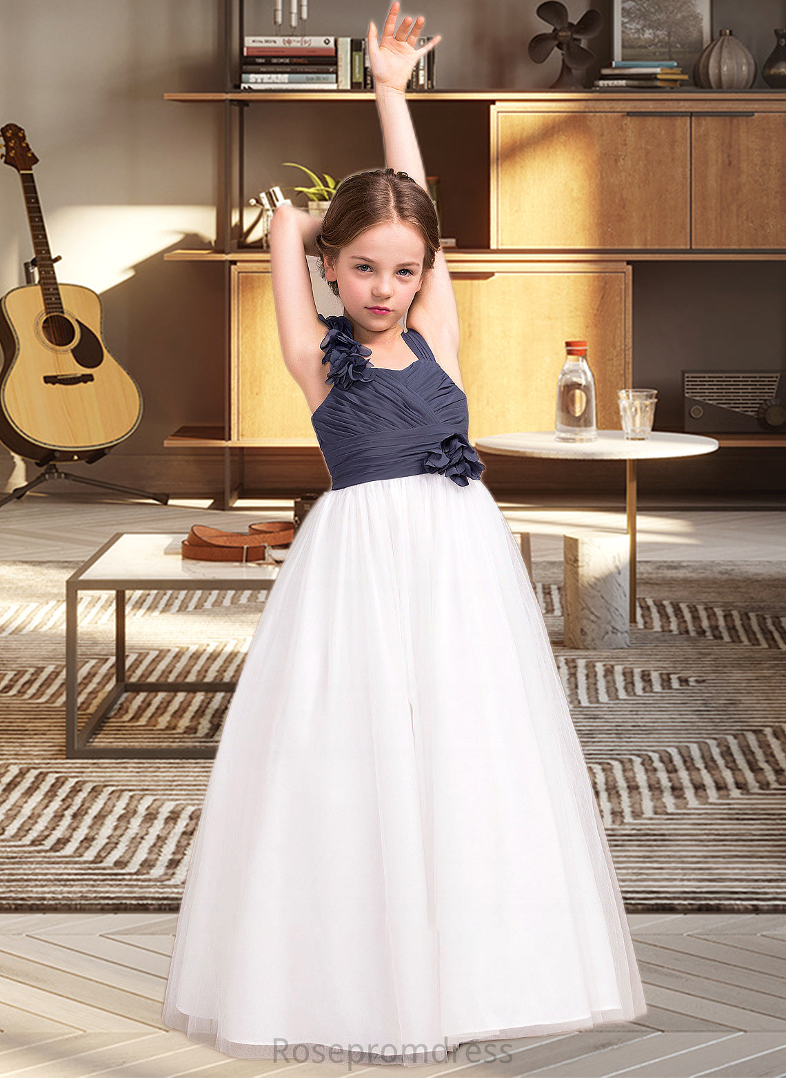 Joan A-Line Sweetheart Floor-Length Chiffon Tulle Junior Bridesmaid Dress With Ruffle Flower(s) SRSP0013665