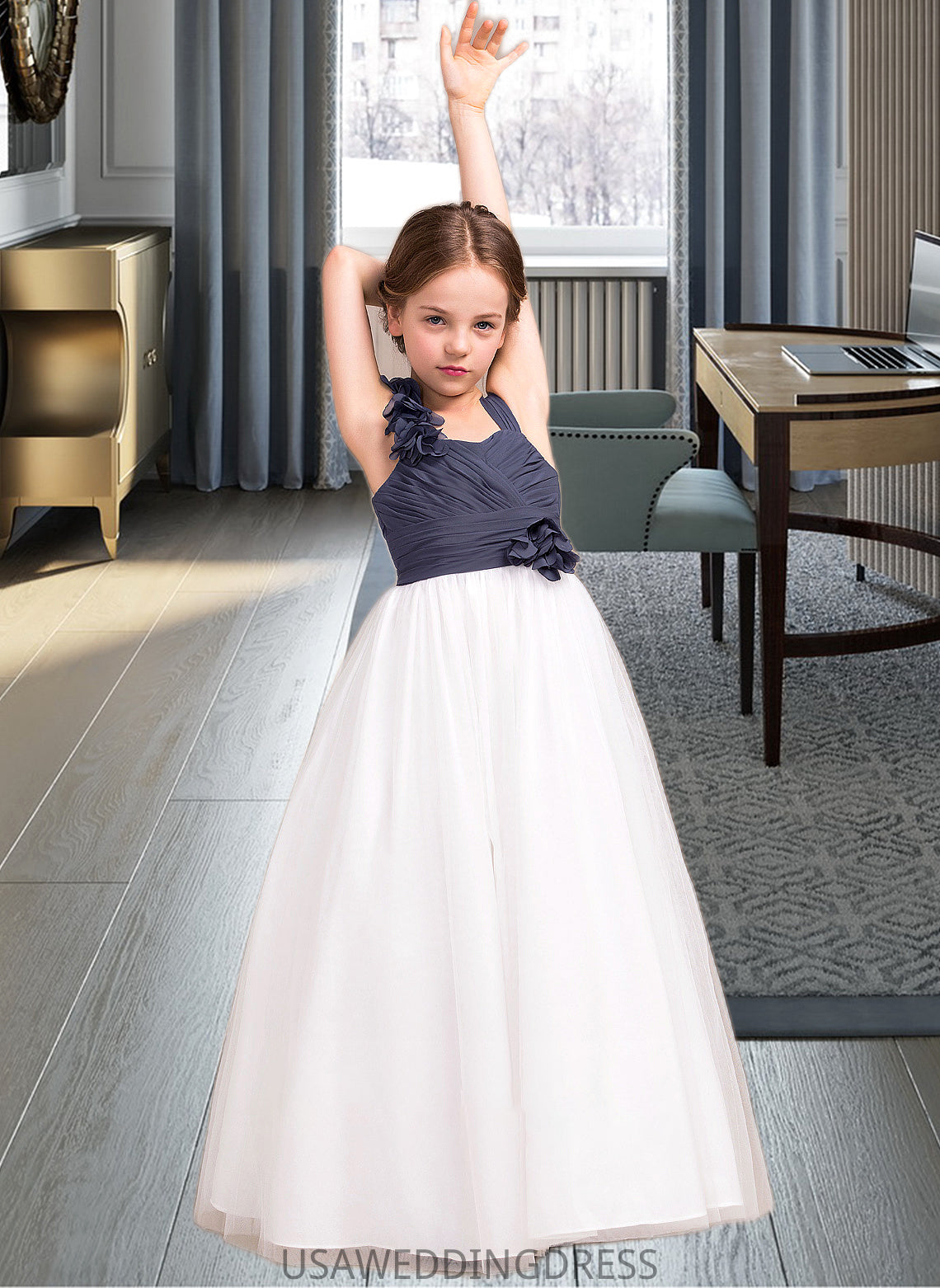 Deja A-Line Sweetheart Floor-Length Chiffon Tulle Junior Bridesmaid Dress With Ruffle Flower(s) DSP0013665