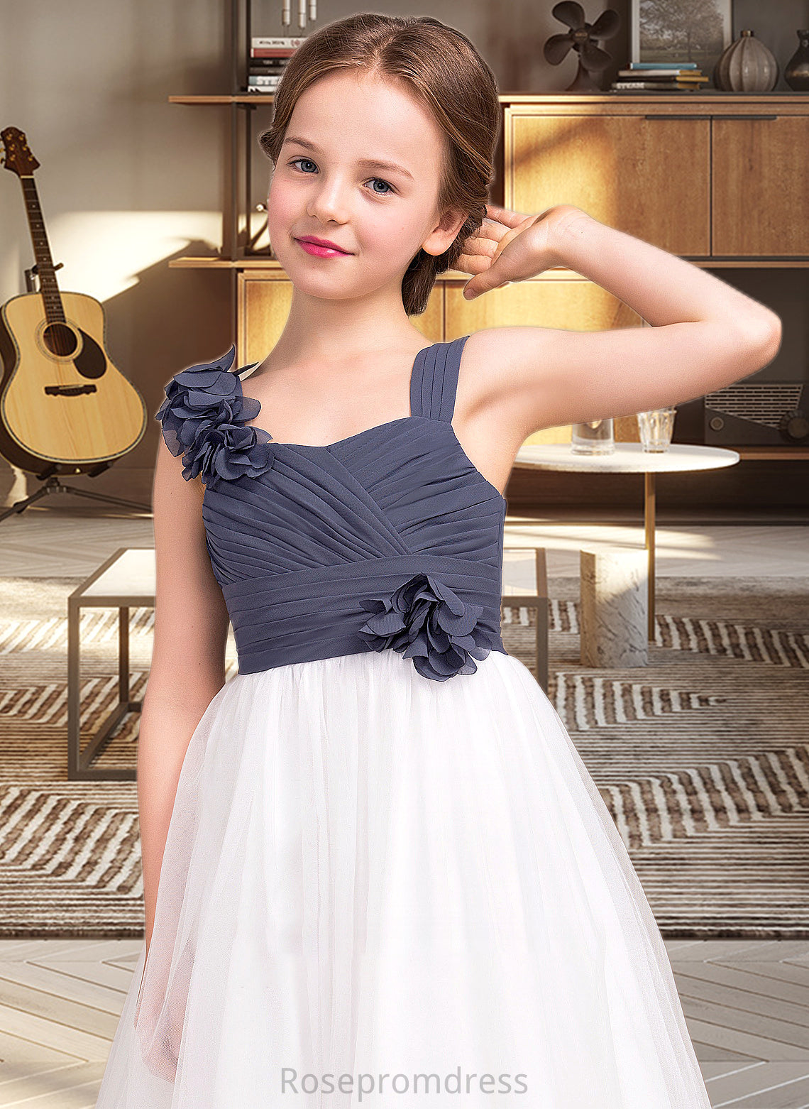 Joan A-Line Sweetheart Floor-Length Chiffon Tulle Junior Bridesmaid Dress With Ruffle Flower(s) SRSP0013665