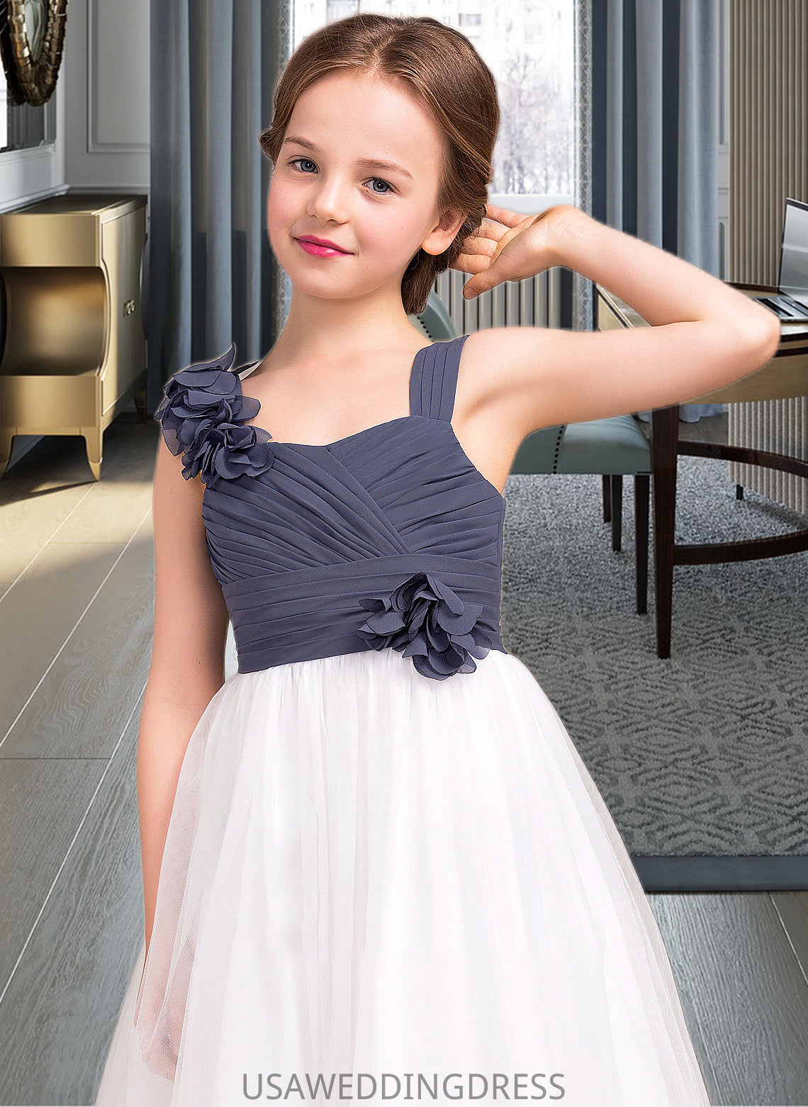 Deja A-Line Sweetheart Floor-Length Chiffon Tulle Junior Bridesmaid Dress With Ruffle Flower(s) DSP0013665