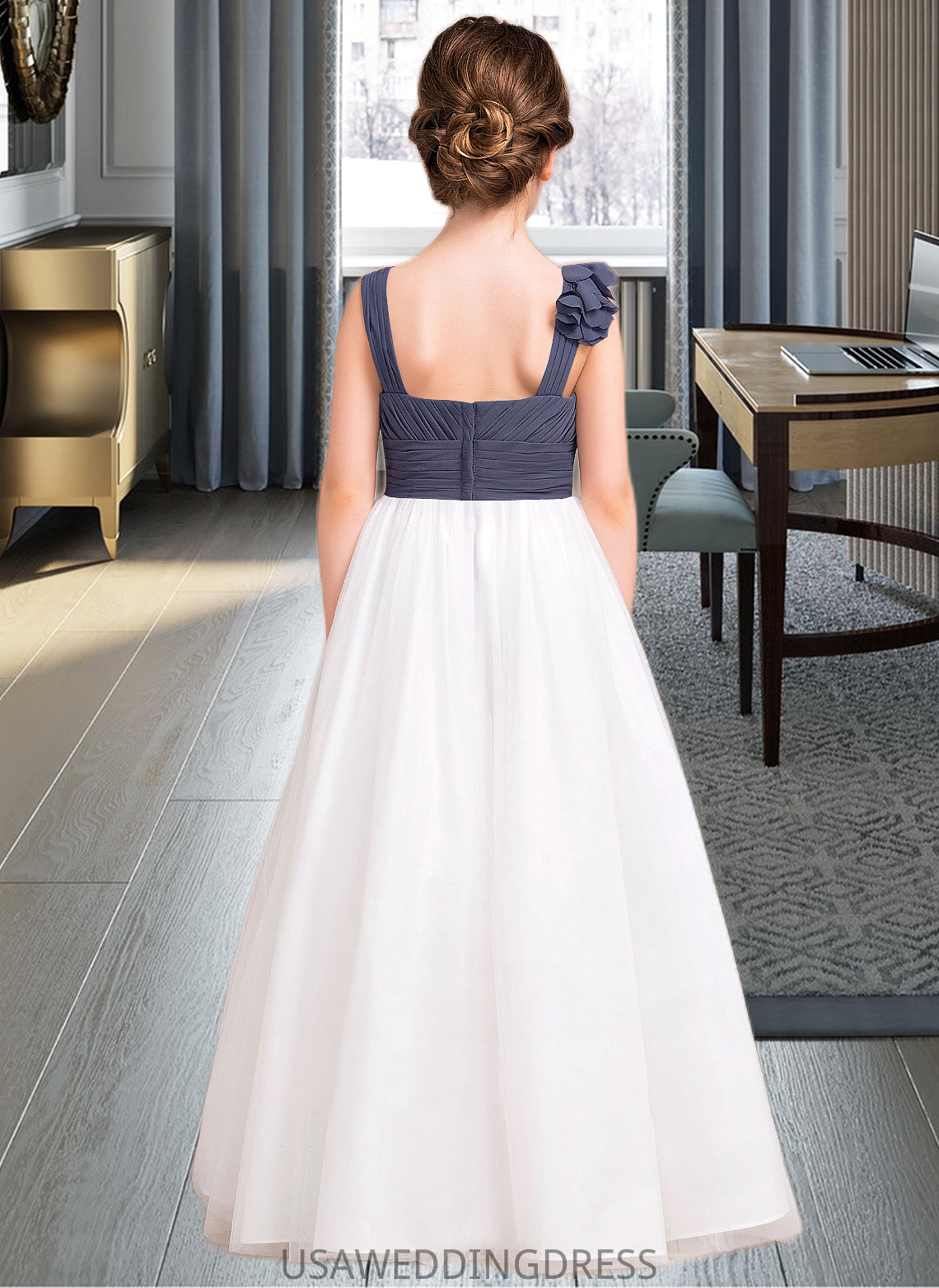 Deja A-Line Sweetheart Floor-Length Chiffon Tulle Junior Bridesmaid Dress With Ruffle Flower(s) DSP0013665