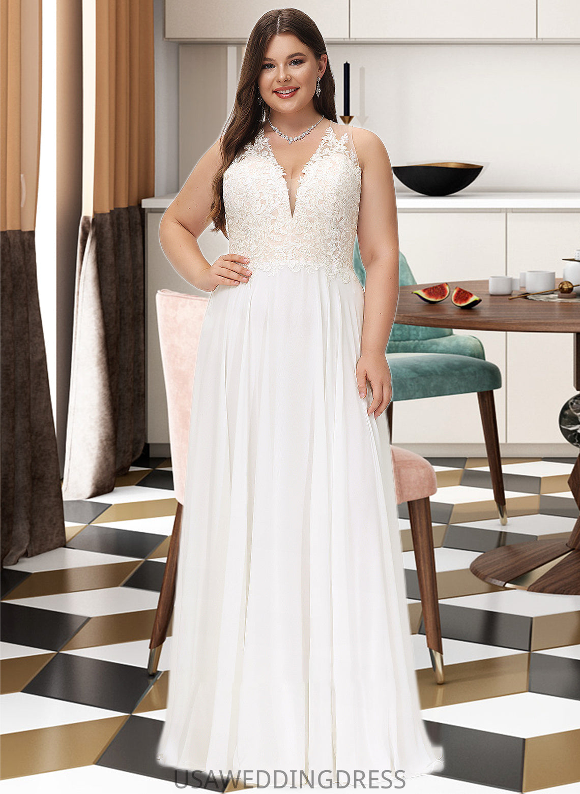 Kayleigh A-Line V-neck Sweep Train Chiffon Lace Wedding Dress With Lace DSP0013677