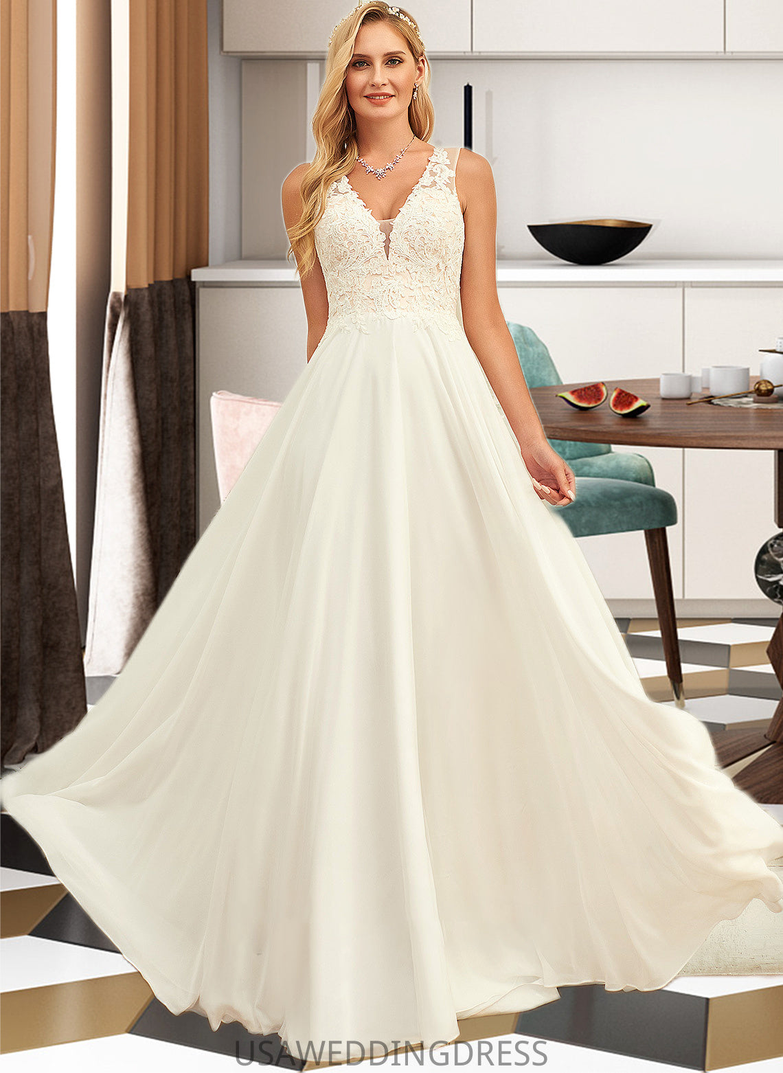 Kayleigh A-Line V-neck Sweep Train Chiffon Lace Wedding Dress With Lace DSP0013677