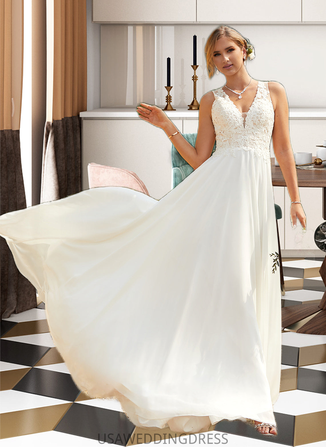 Kayleigh A-Line V-neck Sweep Train Chiffon Lace Wedding Dress With Lace DSP0013677