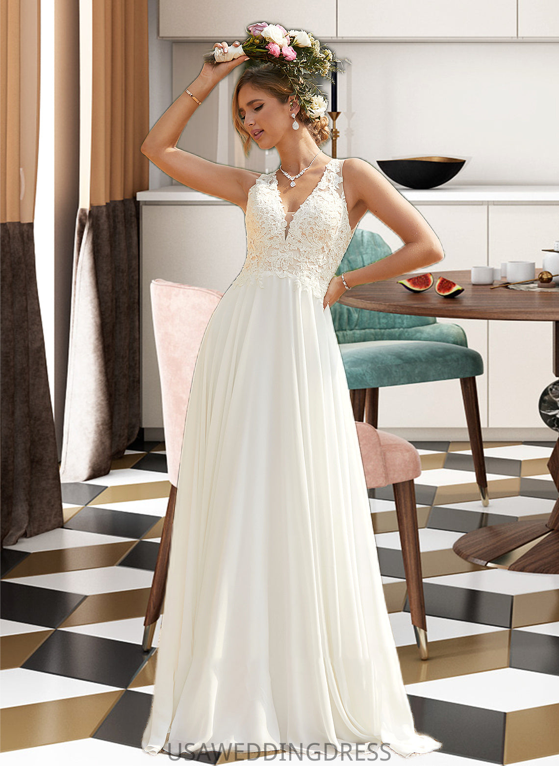 Kayleigh A-Line V-neck Sweep Train Chiffon Lace Wedding Dress With Lace DSP0013677