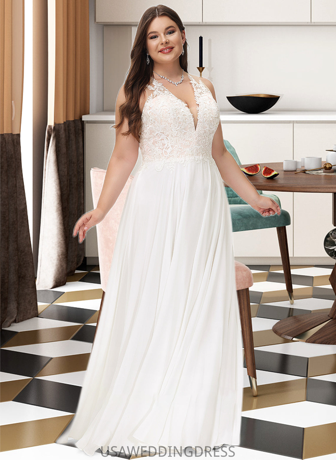 Kayleigh A-Line V-neck Sweep Train Chiffon Lace Wedding Dress With Lace DSP0013677